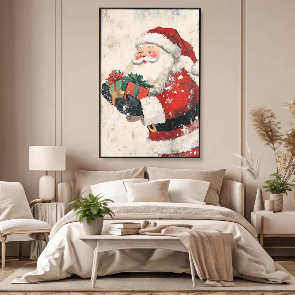 Tablou canvas cu ilustratie vintage cu mos craciun, in rama de aluminiu negru, pe perete intr-un dormitor